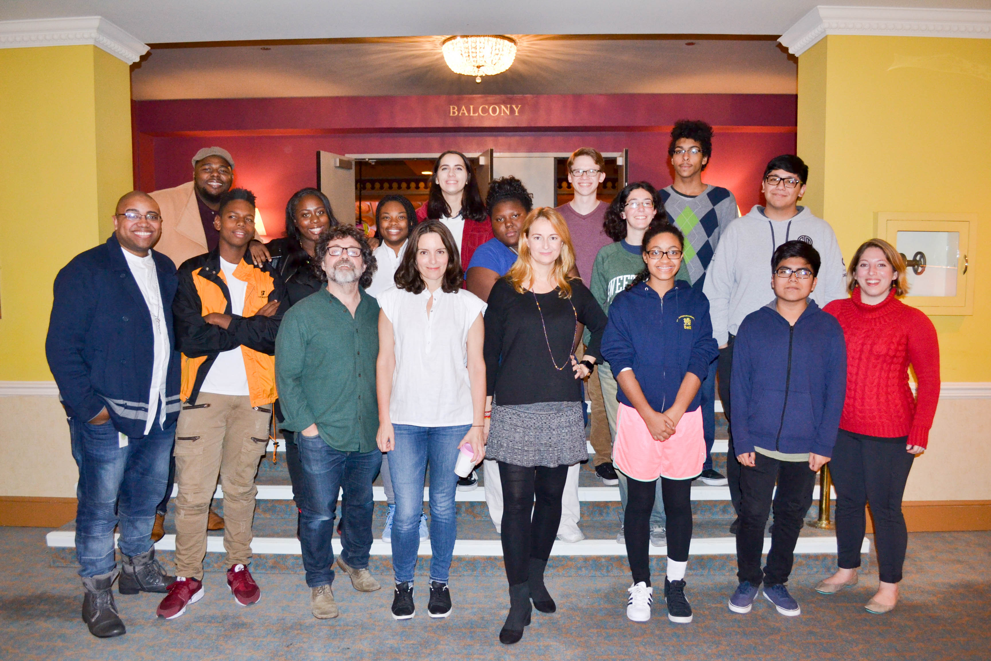 Students and teachers pose with the writers of Mean Girls: The Musical.