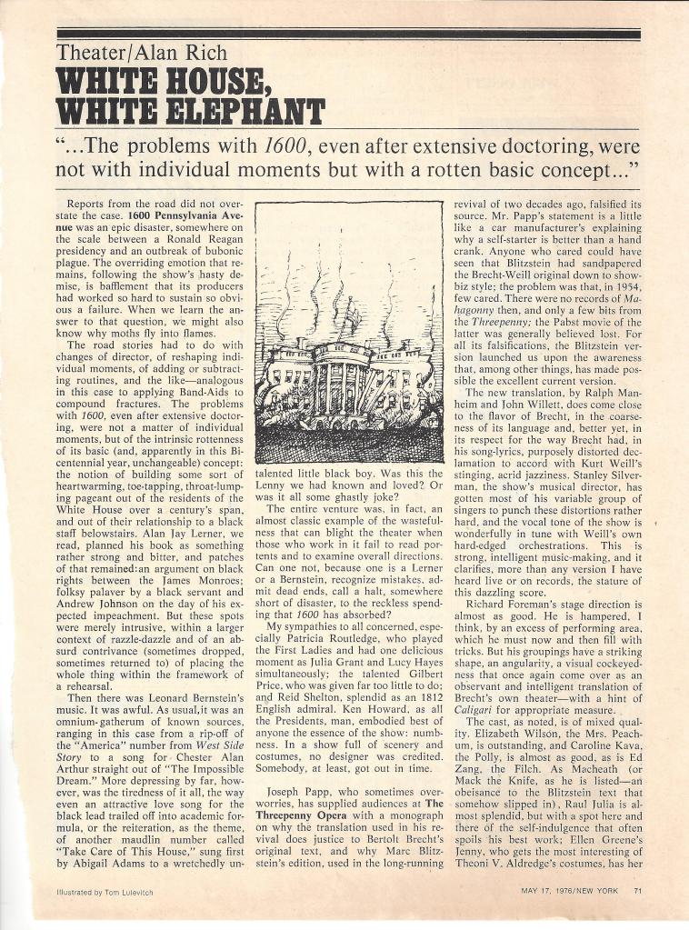 Newspaper coverage of "1600 Pennsylvania Avenue's" difficult journey.