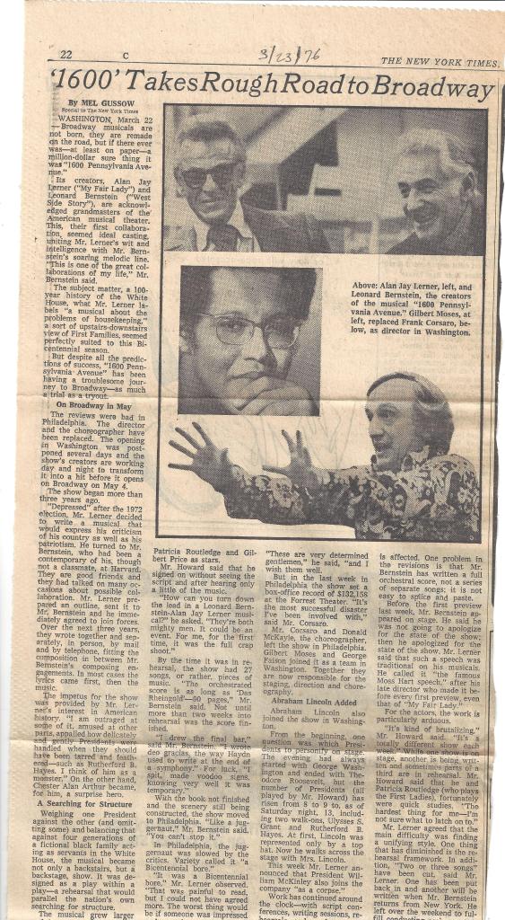 Newspaper coverage of "1600 Pennsylvania Avenue's" difficult journey.