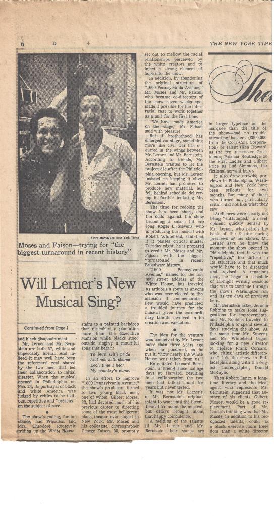 Newspaper coverage of "1600 Pennsylvania Avenue's" difficult journey.