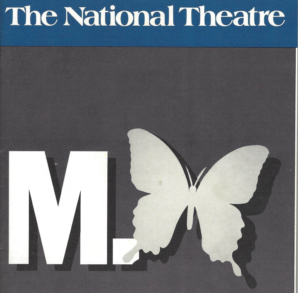 The cover of the original playbill for "M. Butterfly" at The National Theatre, featuring a block capital letter M next to the icon of a butterfly.