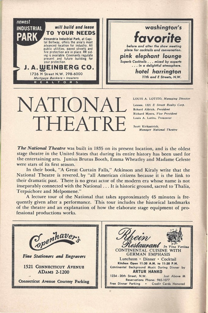 Information on The National Theatre in the original Playbill for "Fiddler on the Roof."