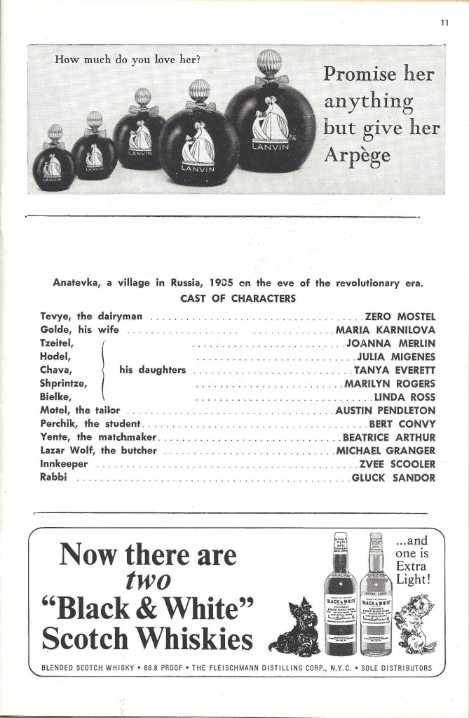 Cast list for the original cast of "Fiddler on the Roof" as listed in the original Playbill.