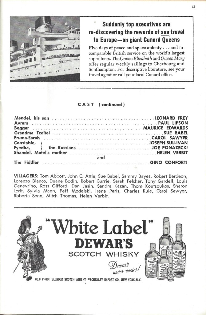 More cast in the original production of "Fiddler on the Roof" as listed in the original Playbill.