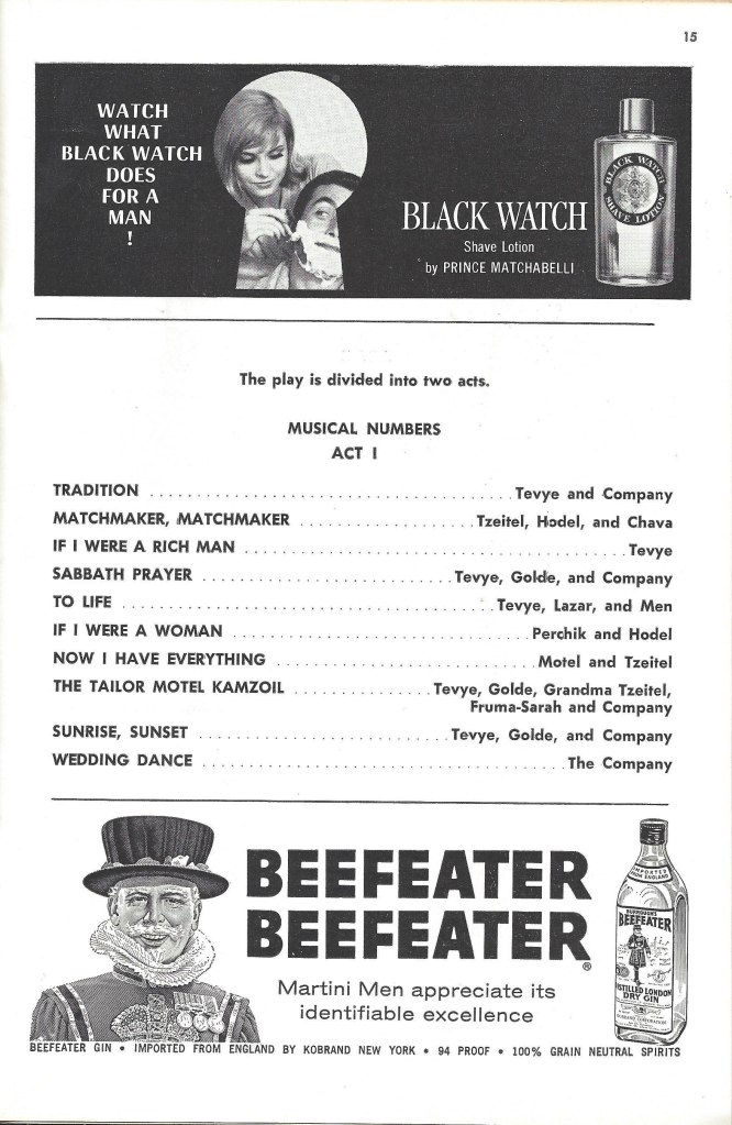 Act I musical numbers as listed in the original Playbill of "Fiddler on the Roof."