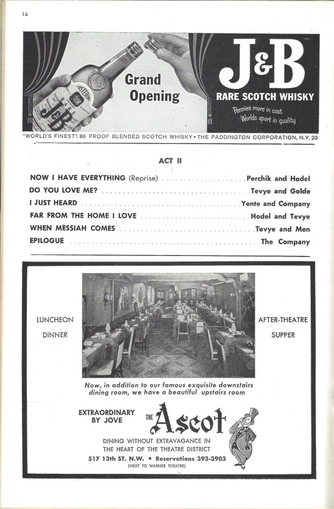 Act II musical numbers as listed in the original Playbill for "Fiddler on the Roof."