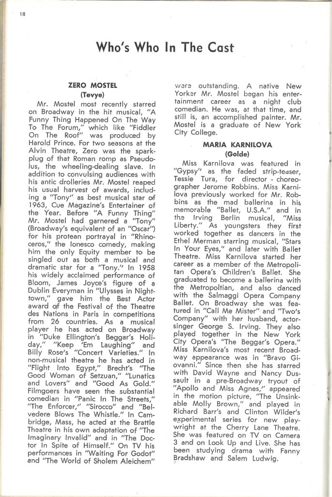 Cast biographies as listed in the original Playbill for "Fiddler on the Roof."