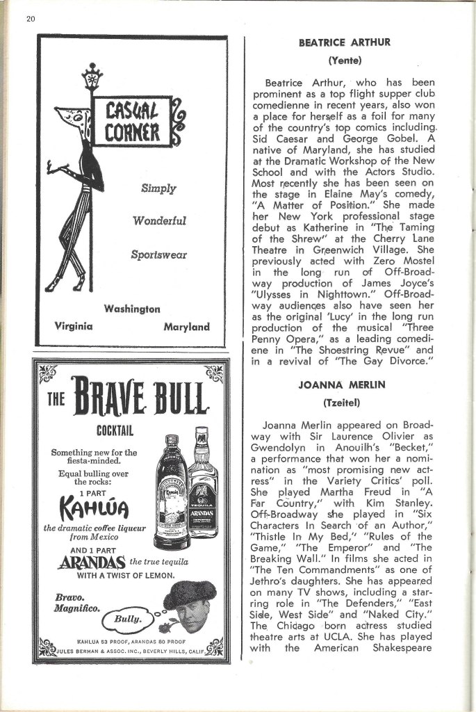 Cast biographies as listed in the original Playbill for "Fiddler on the Roof."