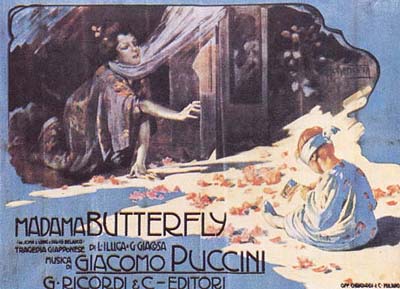 A poster for a production of Puccini's opera Madama Butterfly, picturing a woman reaching for her child.