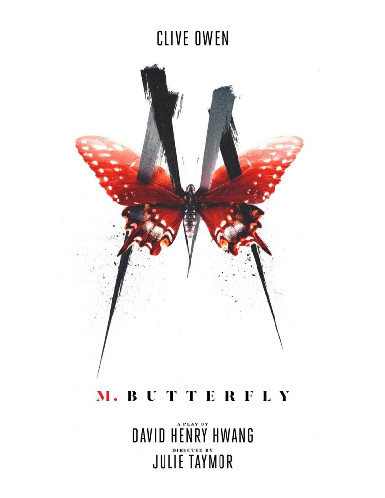 The poster for the 2017 Broadway revival of M. Butterfly, featuring a sharp letter M piercing the wings of a butterfly.