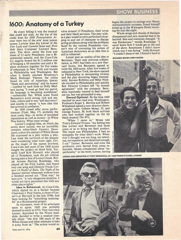 Newspaper coverage of "1600 Pennsylvania Avenue's" difficult journey.